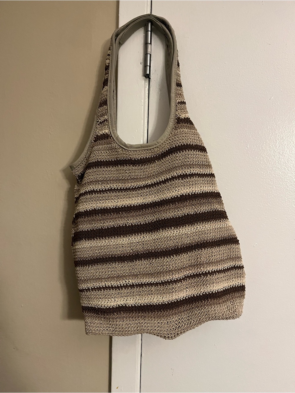 Striped Crochet Tote Bag in Beige and Brown